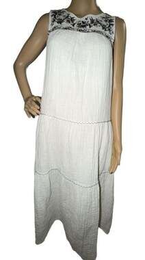Max Studio Sleeveless Tiered Embroidered Midi Gauze Dress in White- Small